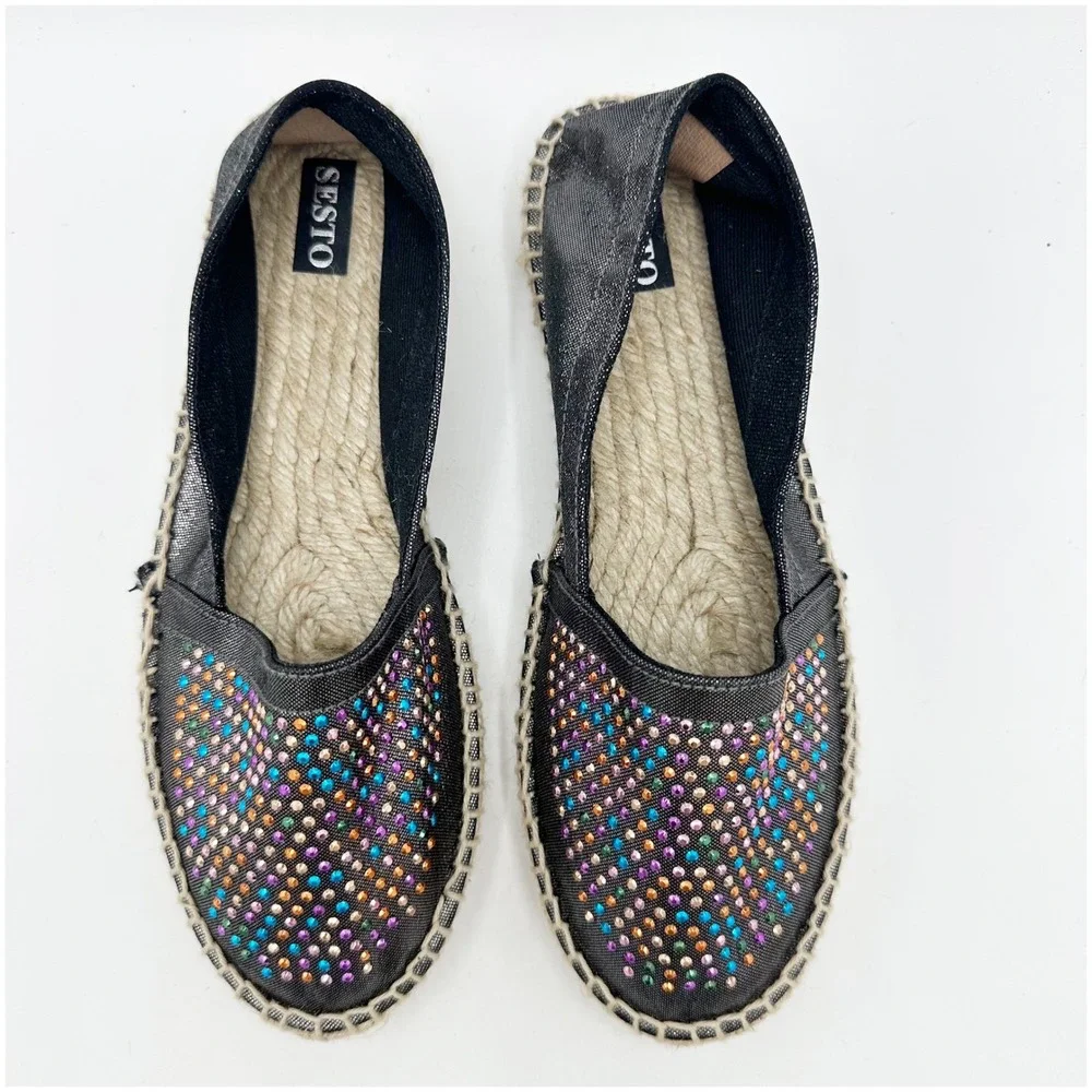 SESTO MulEmbellished Espadrille Flats Metallic‎ Black Rhinestone Slip On Shoe